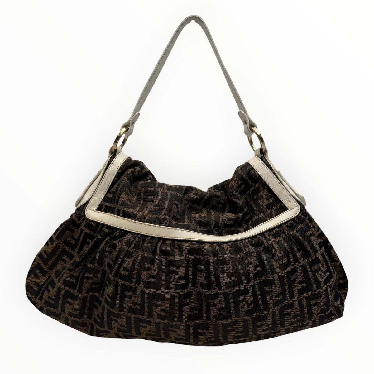 Fendi Zucca Monogram Canvas Shoulder Bag with Ivory Leather Trim