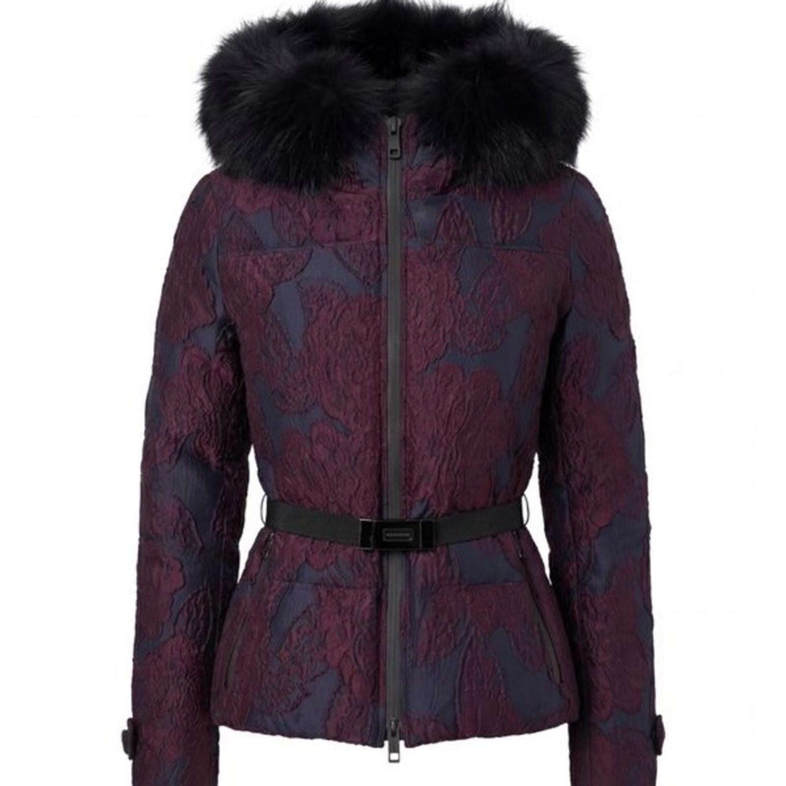 Burberry London Brocade Jacket With Fur Hood Purple Size 6