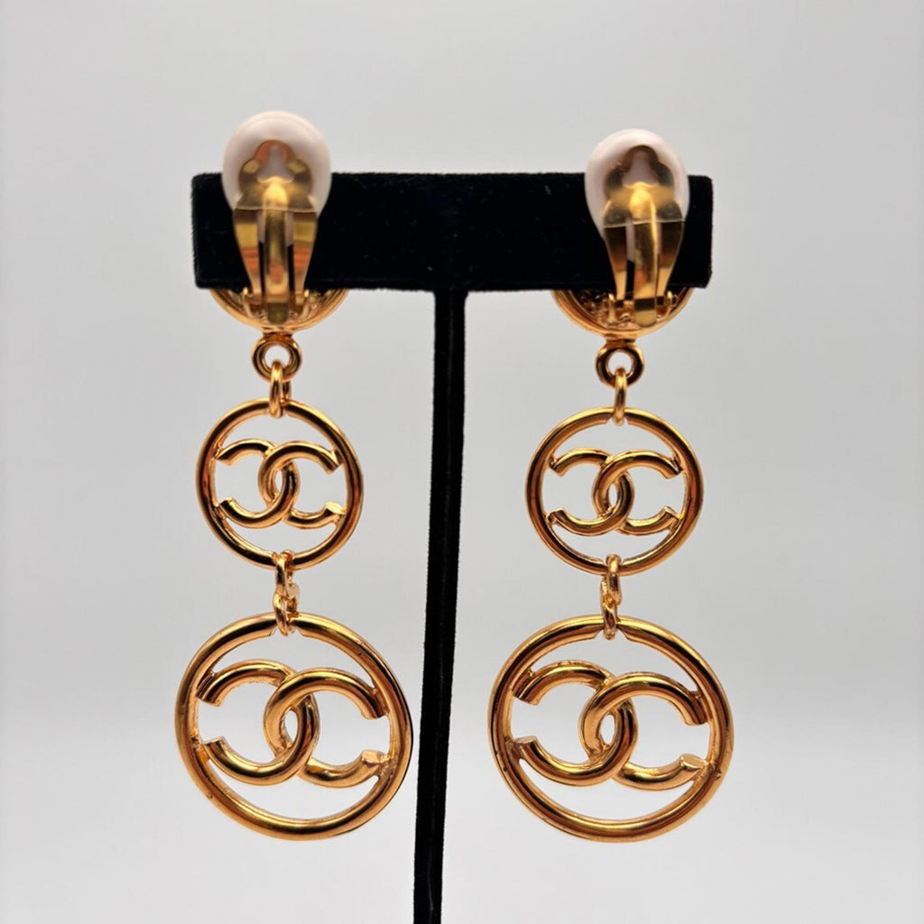 Chanel Three Tier CC Logo Charm Long Dangle Drop Earrings