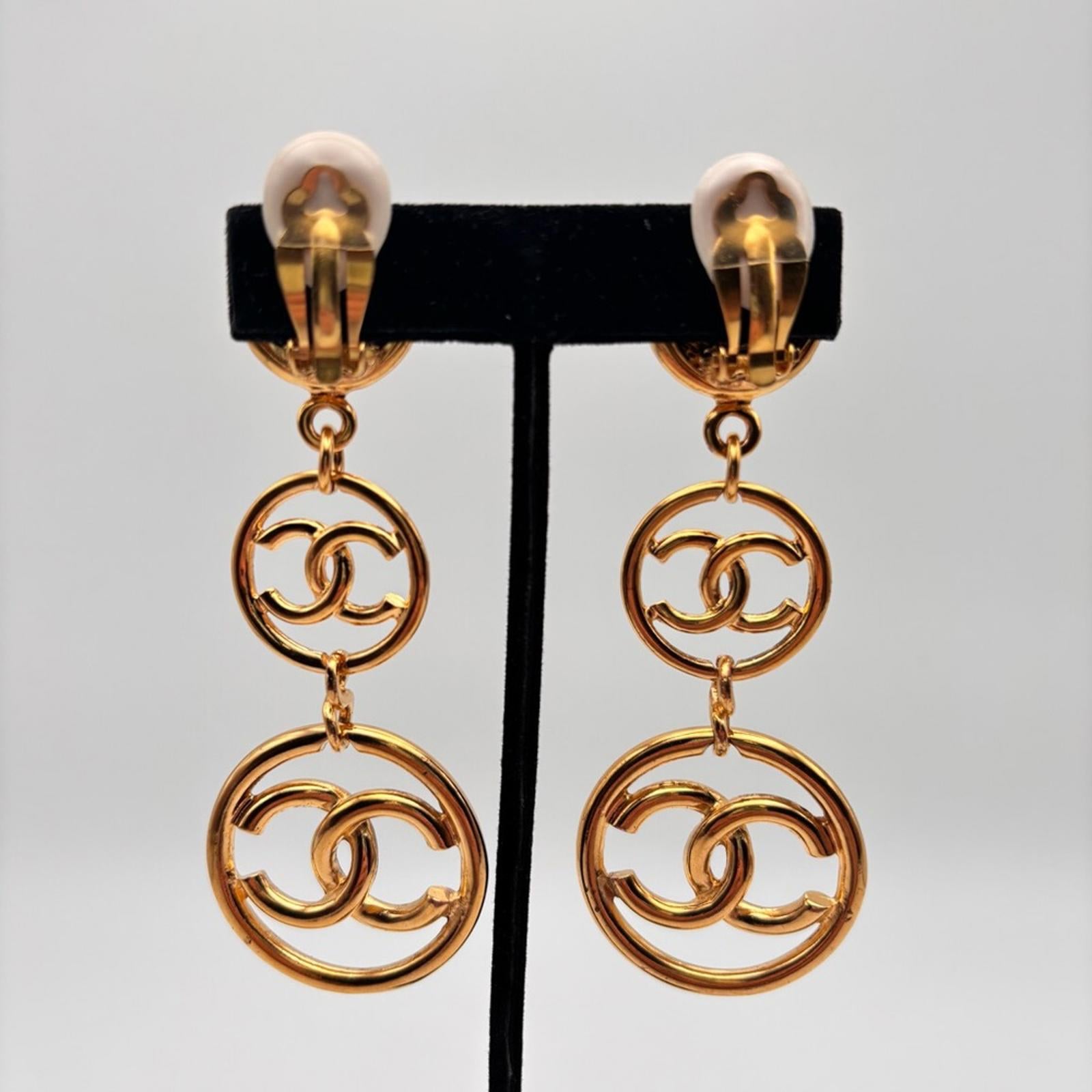 Chanel Three Tier CC Logo Charm Long Dangle Drop Earrings