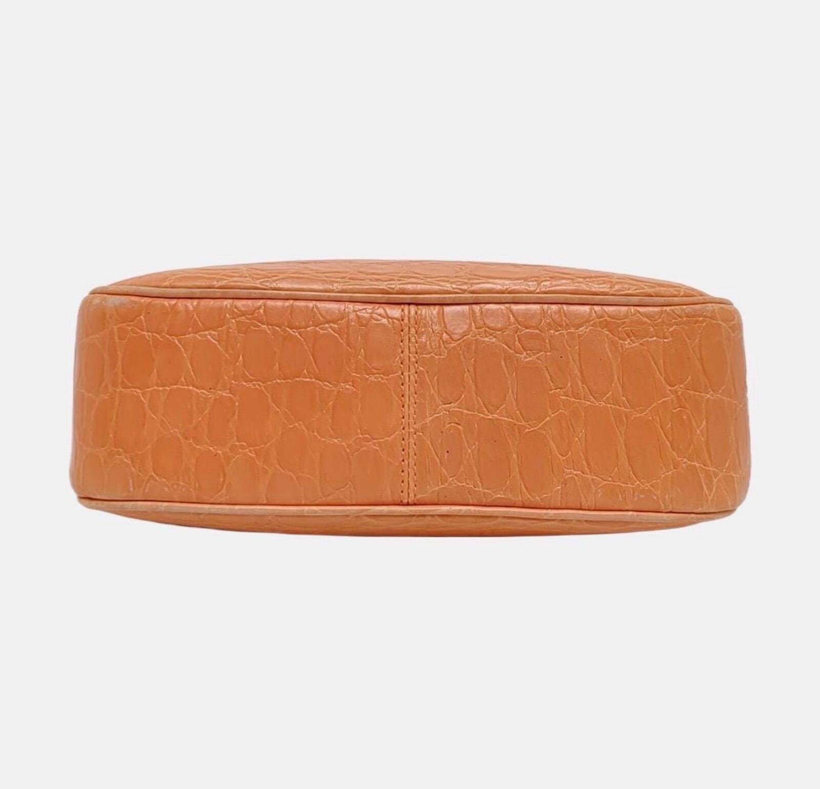 Salvatore Ferragamo Vintage Croc Embossed Leather Shoulder Bag Orange Gancini