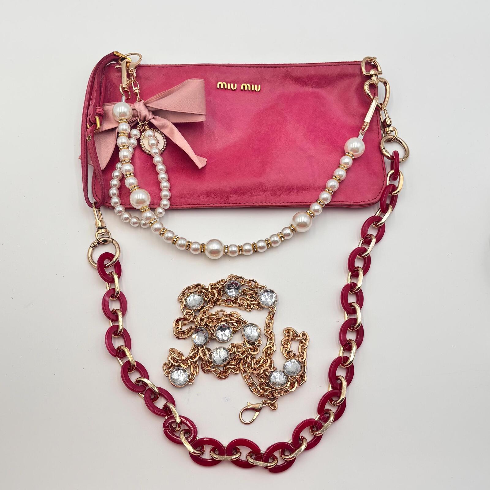 Miu Miu Pink Leather Pochette Shoulder Bag With Added Chains & Charms
