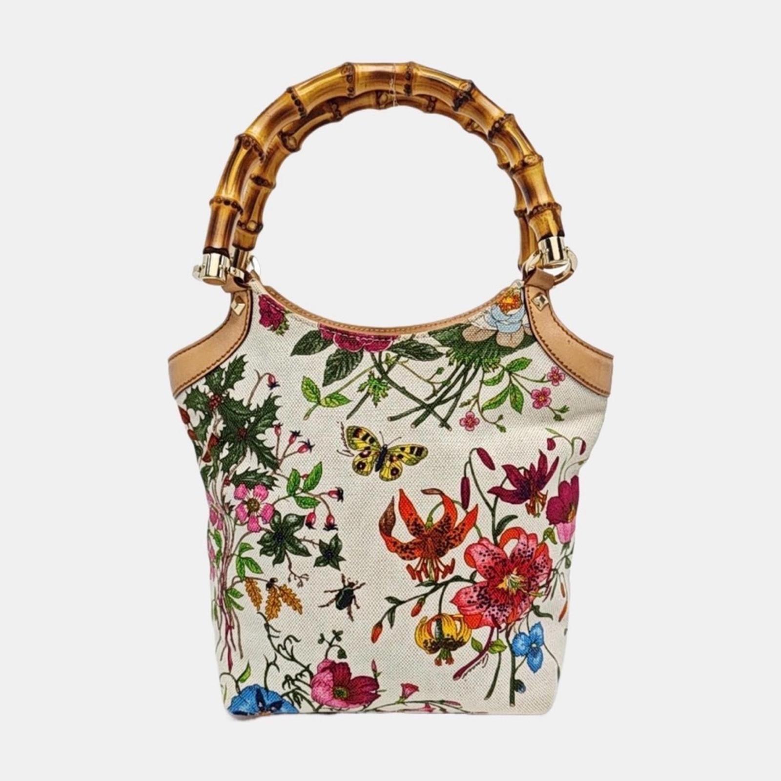 Gucci White Flora Floral Canvas Bamboo
Top Handle Mini Tote Bag