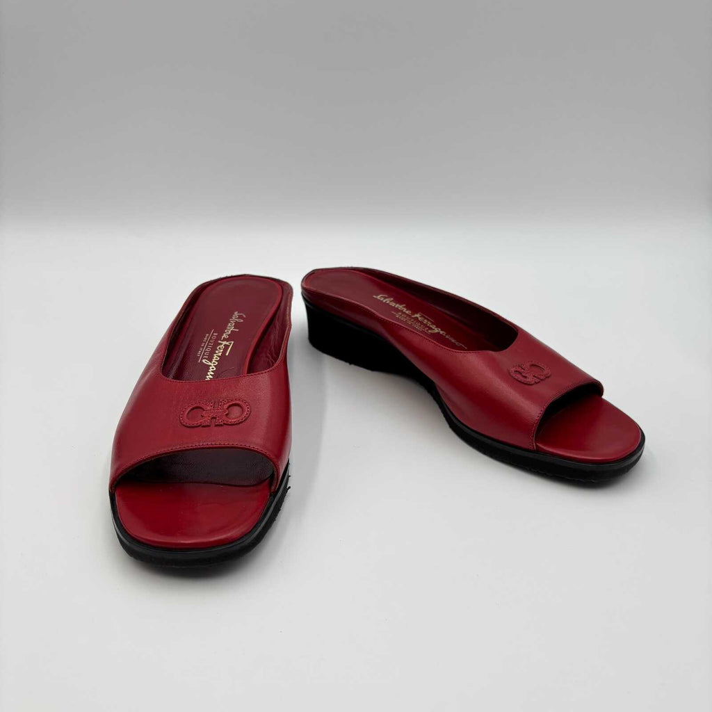Salvatore Ferragamo Red Leather Wedge Slide Sandals – Size 37