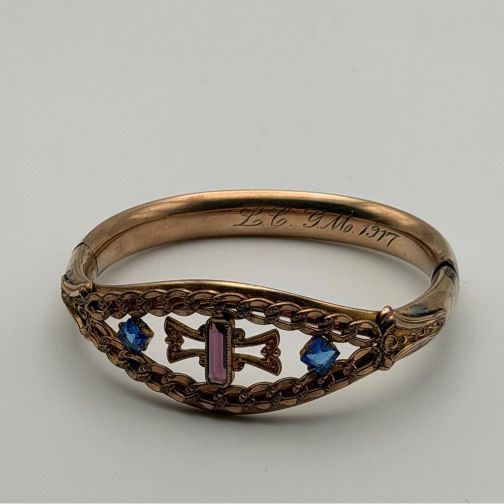 Antique Style Gold Tone Amethyst & Blue Stone Filigree Bangle Bracelet