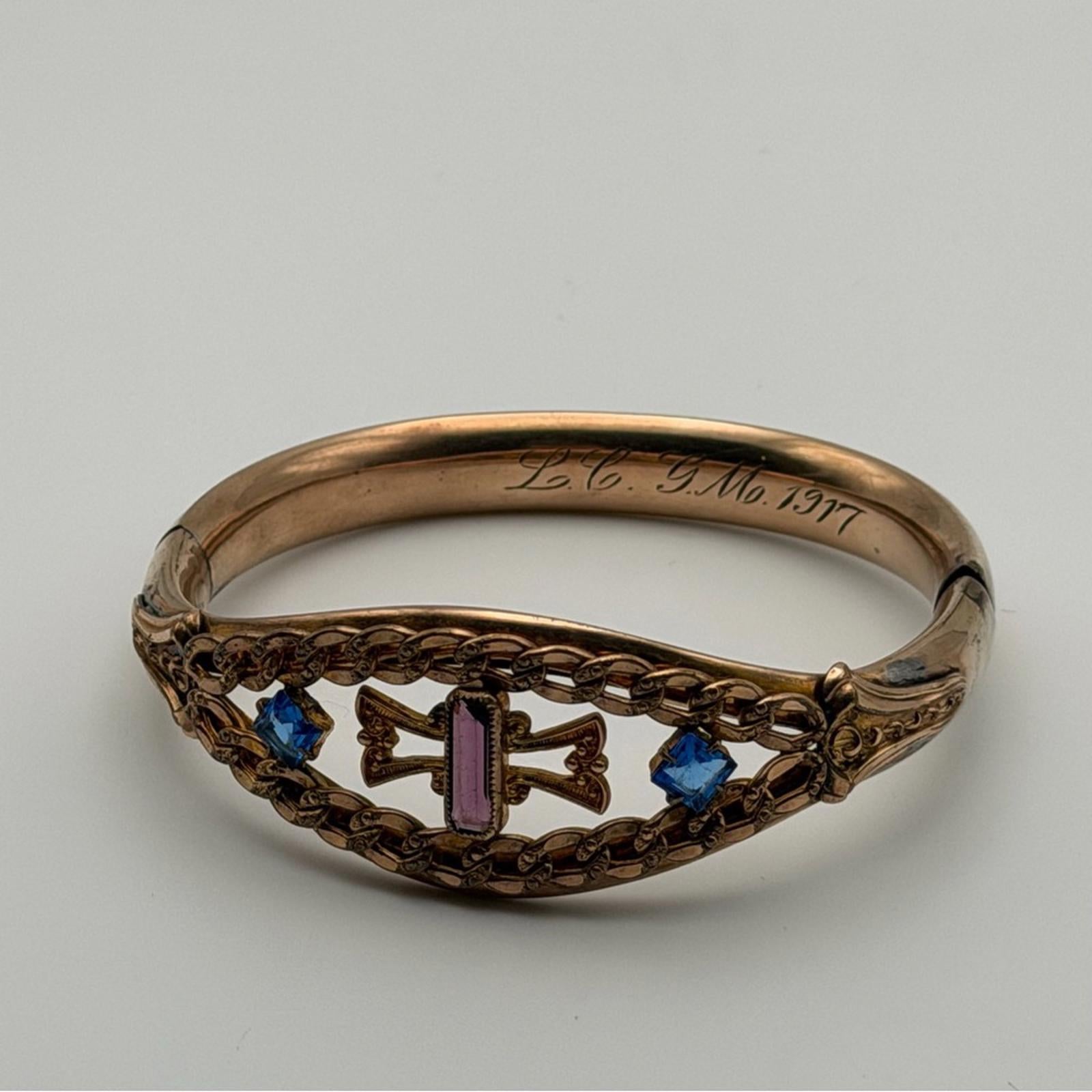 Antique Style Gold Tone Amethyst & Blue Stone Filigree Bangle Bracelet