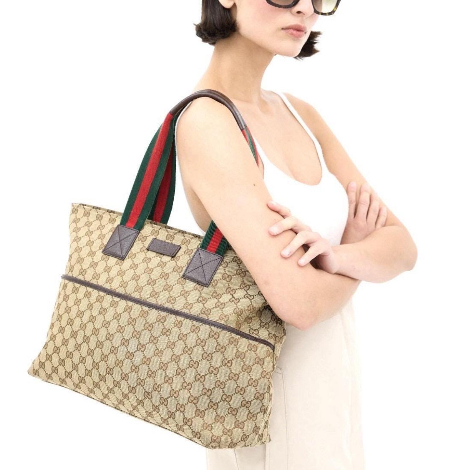 Gucci GG Canvas Web Tote Bag Brown Beige