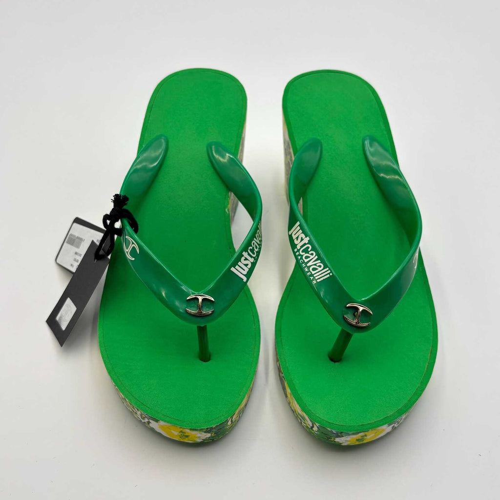 Just Cavalli Green Floral Wedge Flip Flop Sandals 37