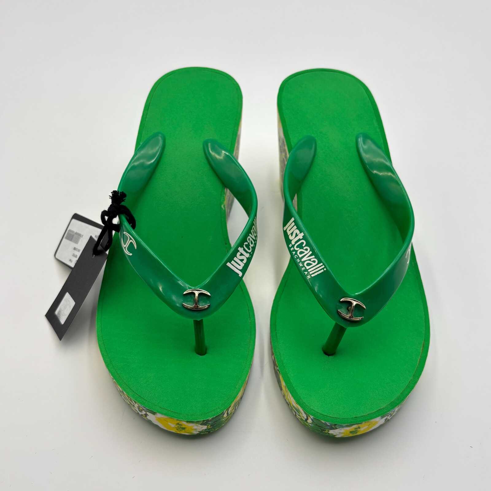 Just Cavalli Green Floral Wedge Flip Flop Sandals 37