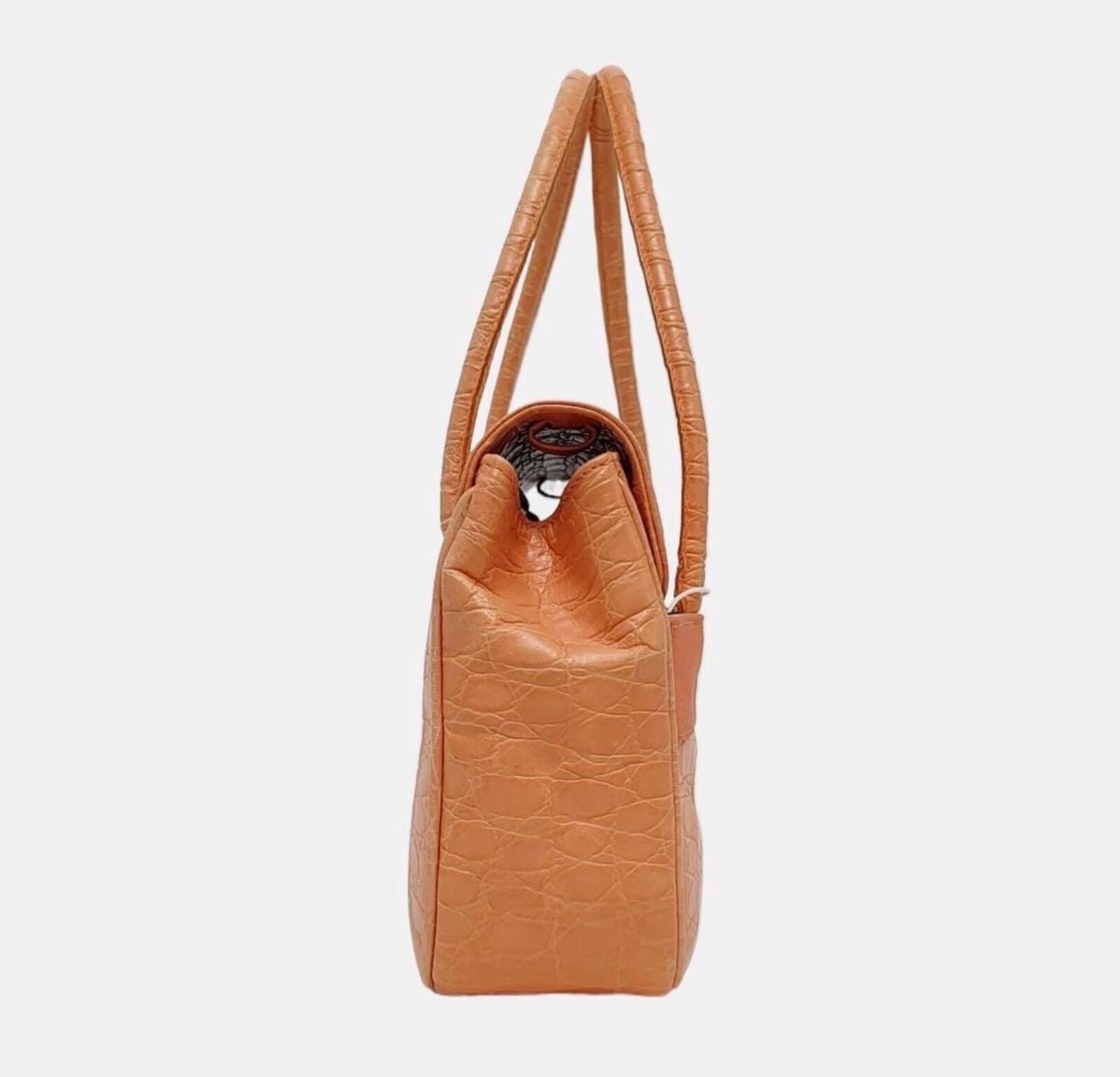 Salvatore Ferragamo Vintage Croc Embossed Leather Shoulder Bag Orange Gancini