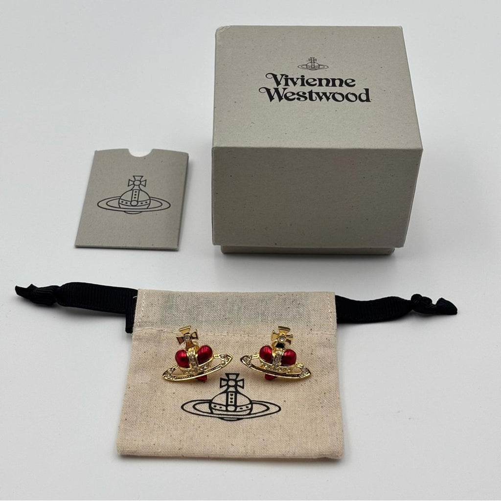 Vivienne Westwood Rare Orb Crown Red Crystal Gold-Tone Stud Earringss