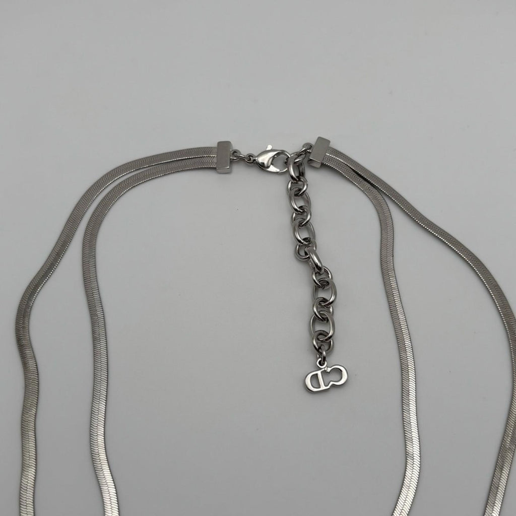 Christian Dior CD Bow Charm Necklace Silver Tone Double Chain