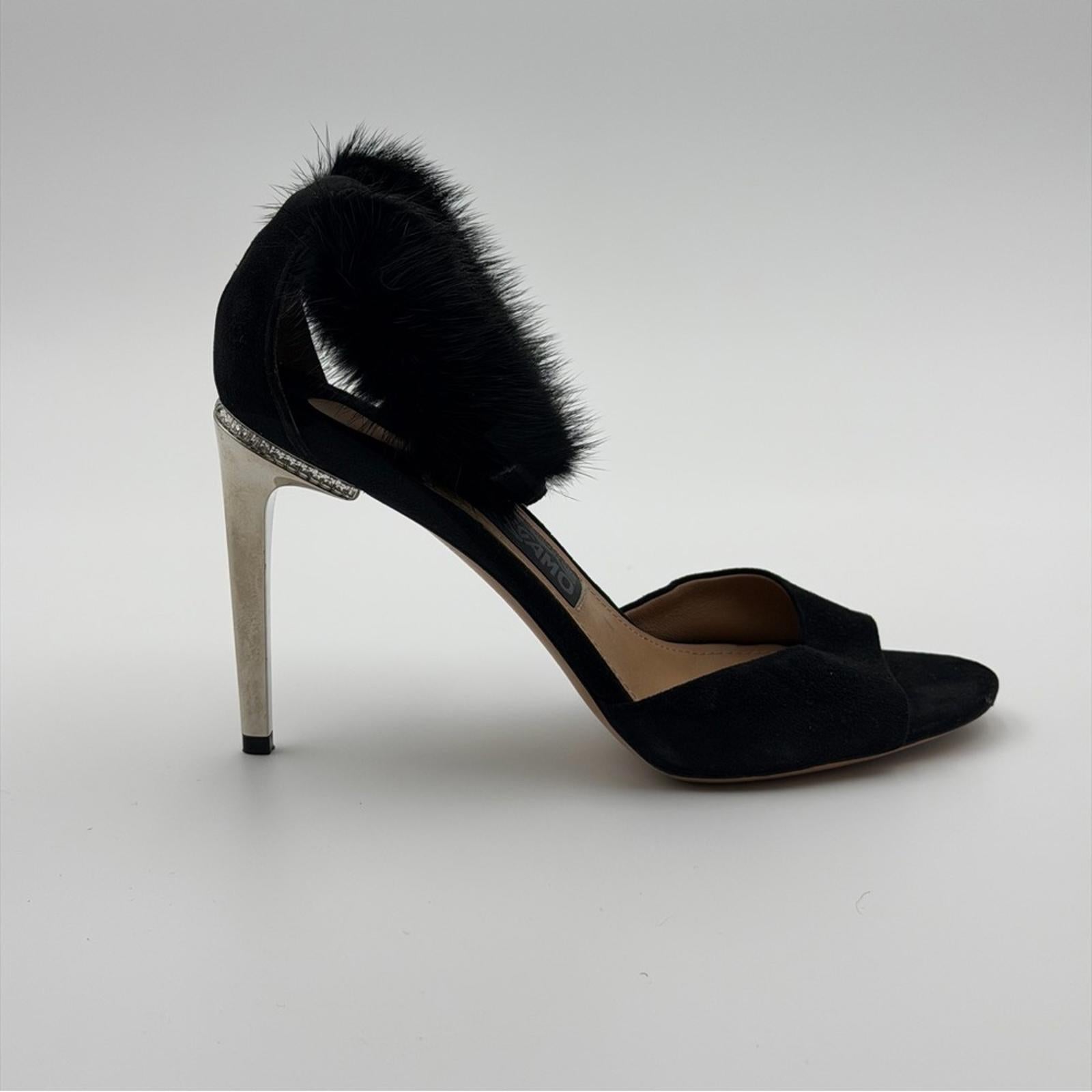 SALVATORE FERRAGAMO BLACK SUEDE & FUR ANKLE STRAP HEELS