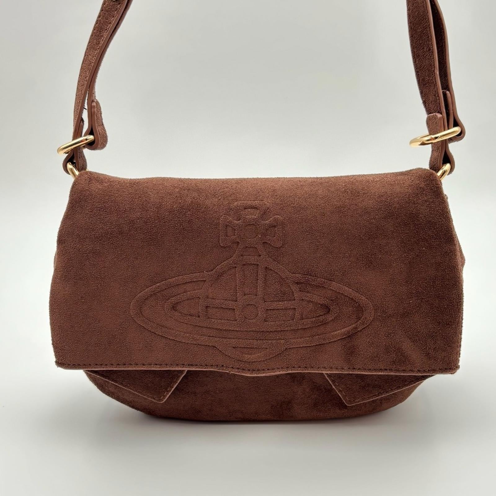 Vivienne Westwood Brown Suede Orb Shoulder Bag Vintage Logo Embossed