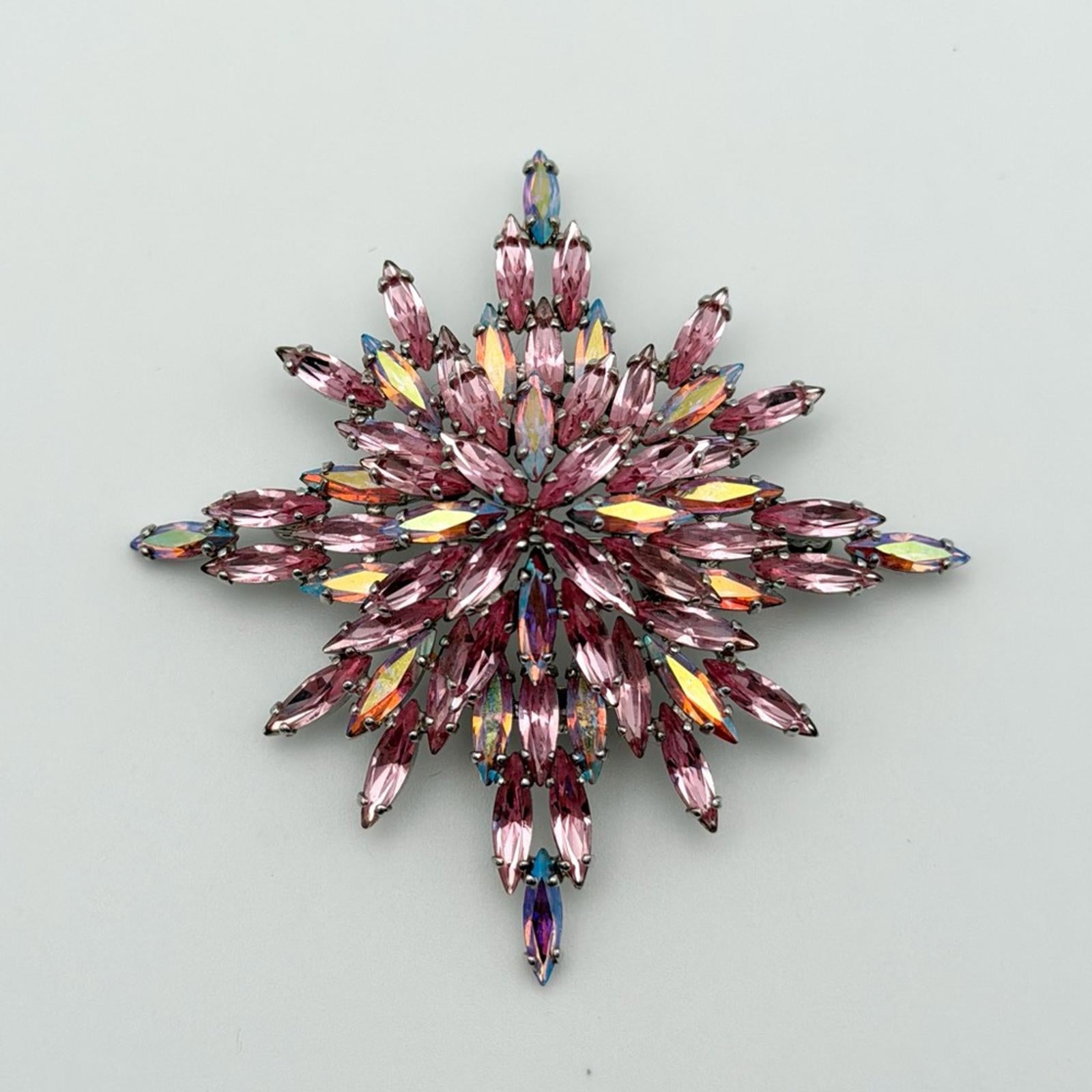 Vintage Sherman Signed Pink Aurora Borealis Starburst Brooch
