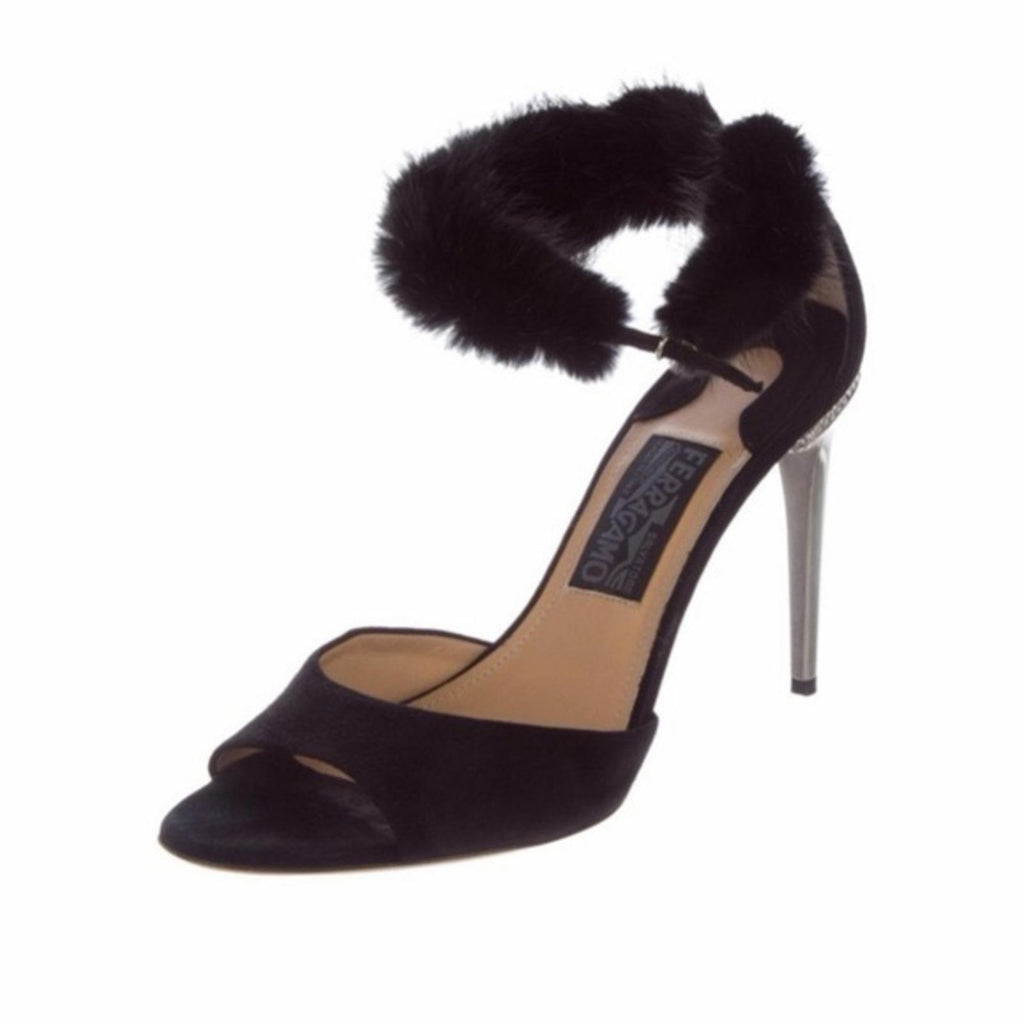 SALVATORE FERRAGAMO BLACK SUEDE & FUR ANKLE STRAP HEELS