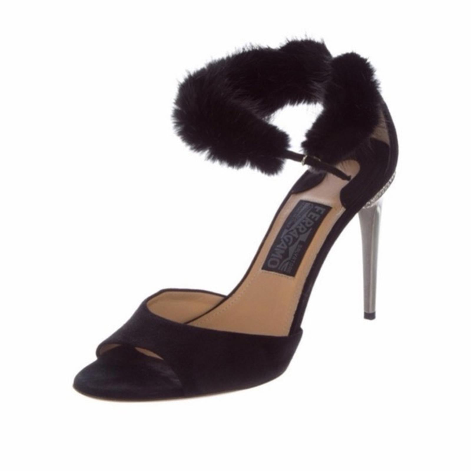 SALVATORE FERRAGAMO BLACK SUEDE & FUR ANKLE STRAP HEELS