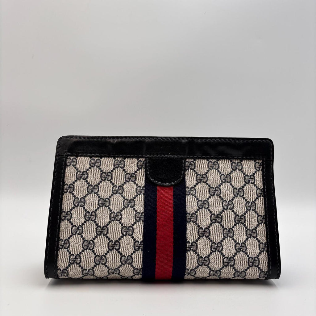 Gucci Vintage GG Supreme Web Clutch Pouch Bag Navy Red