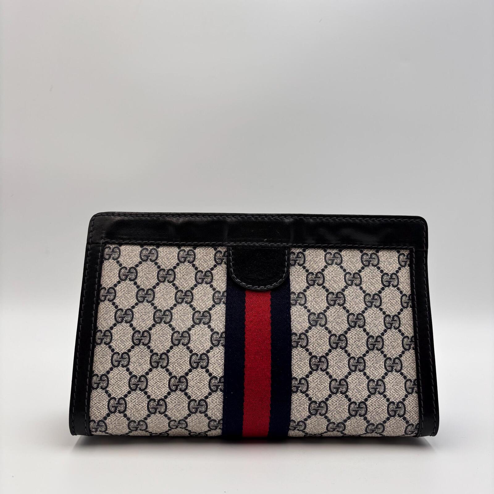 Gucci Vintage GG Supreme Web Clutch Pouch Bag Navy Red