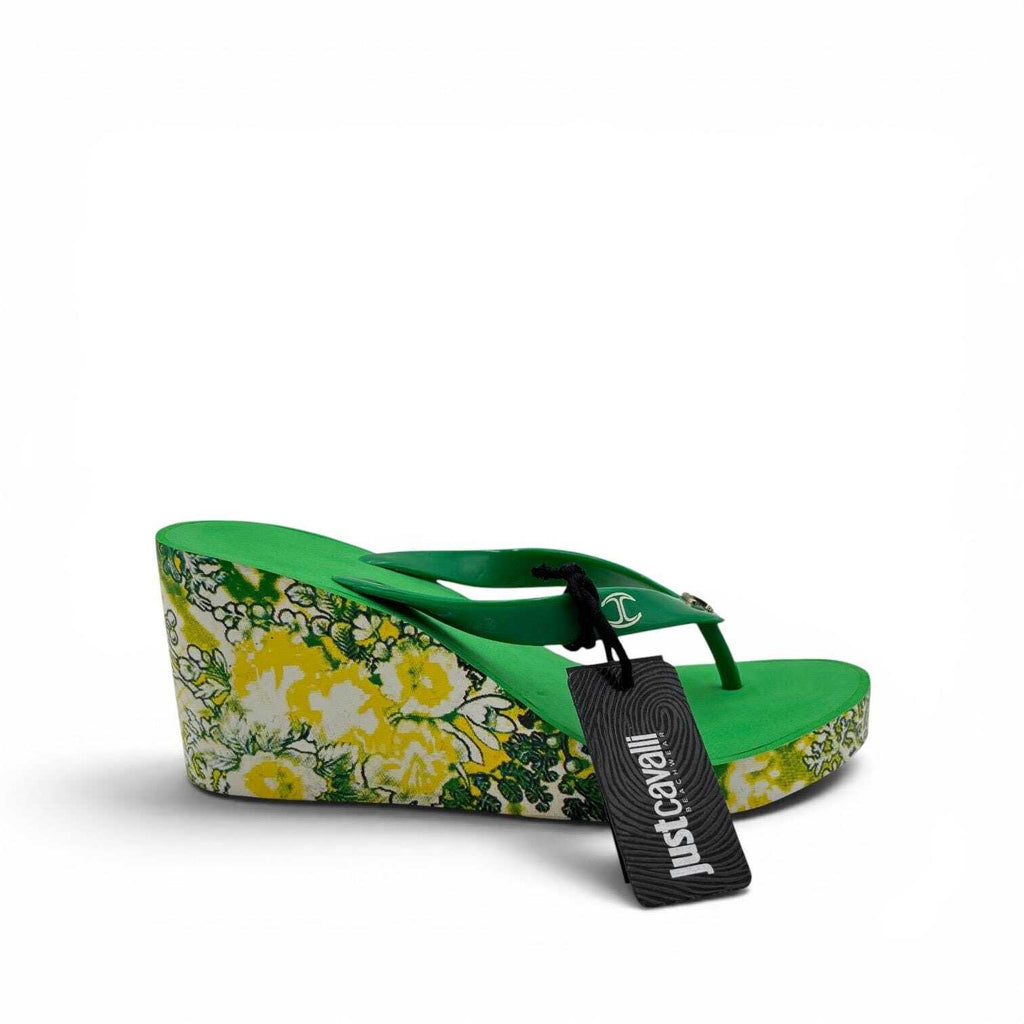 Just Cavalli Green Floral Wedge Flip Flop Sandals 37