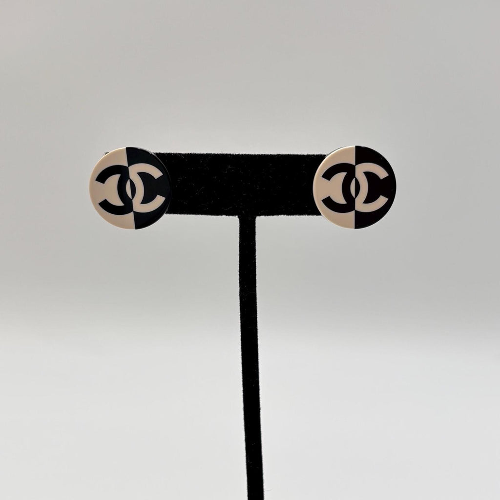Chanel Black & White CC Logo Stud Earrings With Box Circa 2002