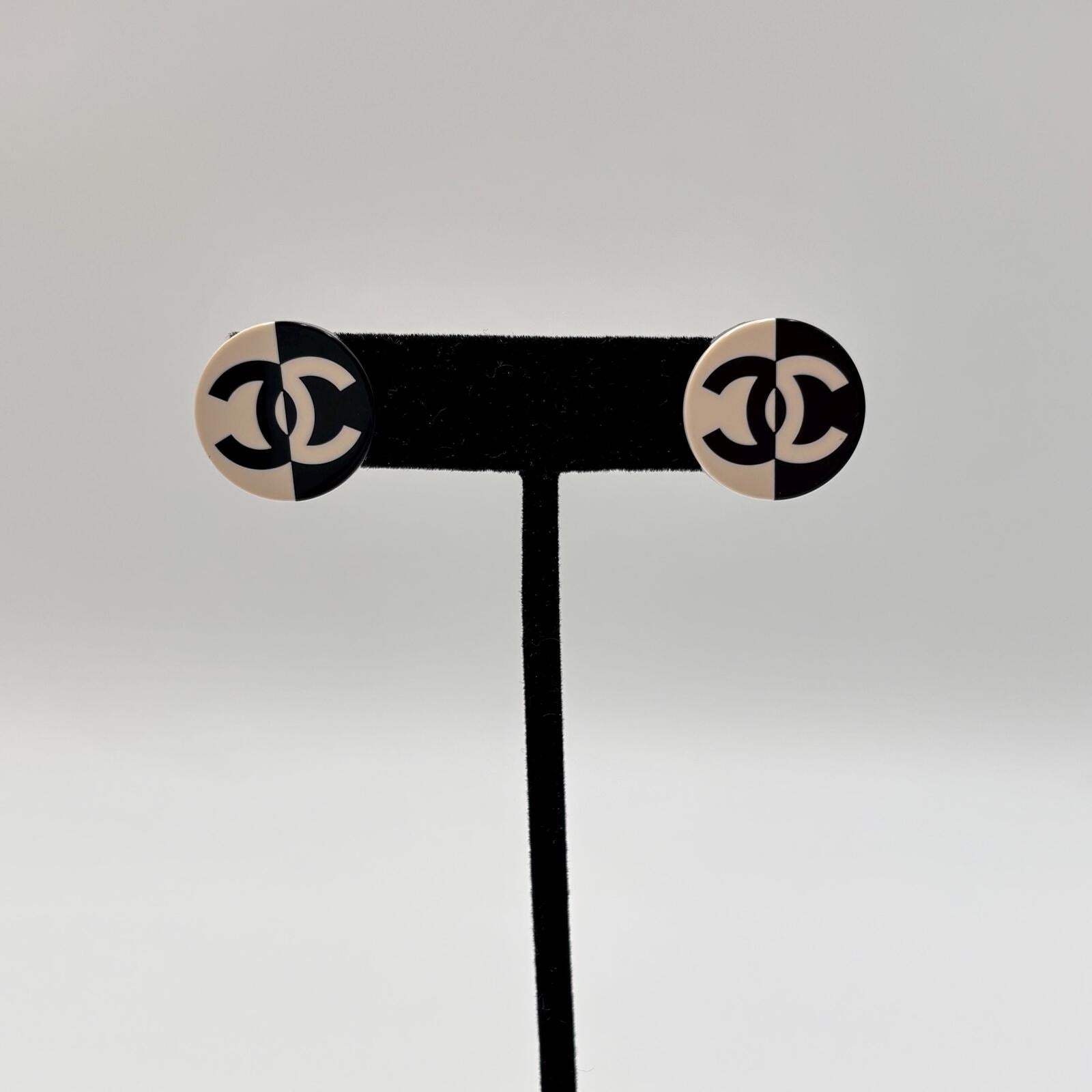 Chanel Black & White CC Logo Stud Earrings With Box Circa 2002