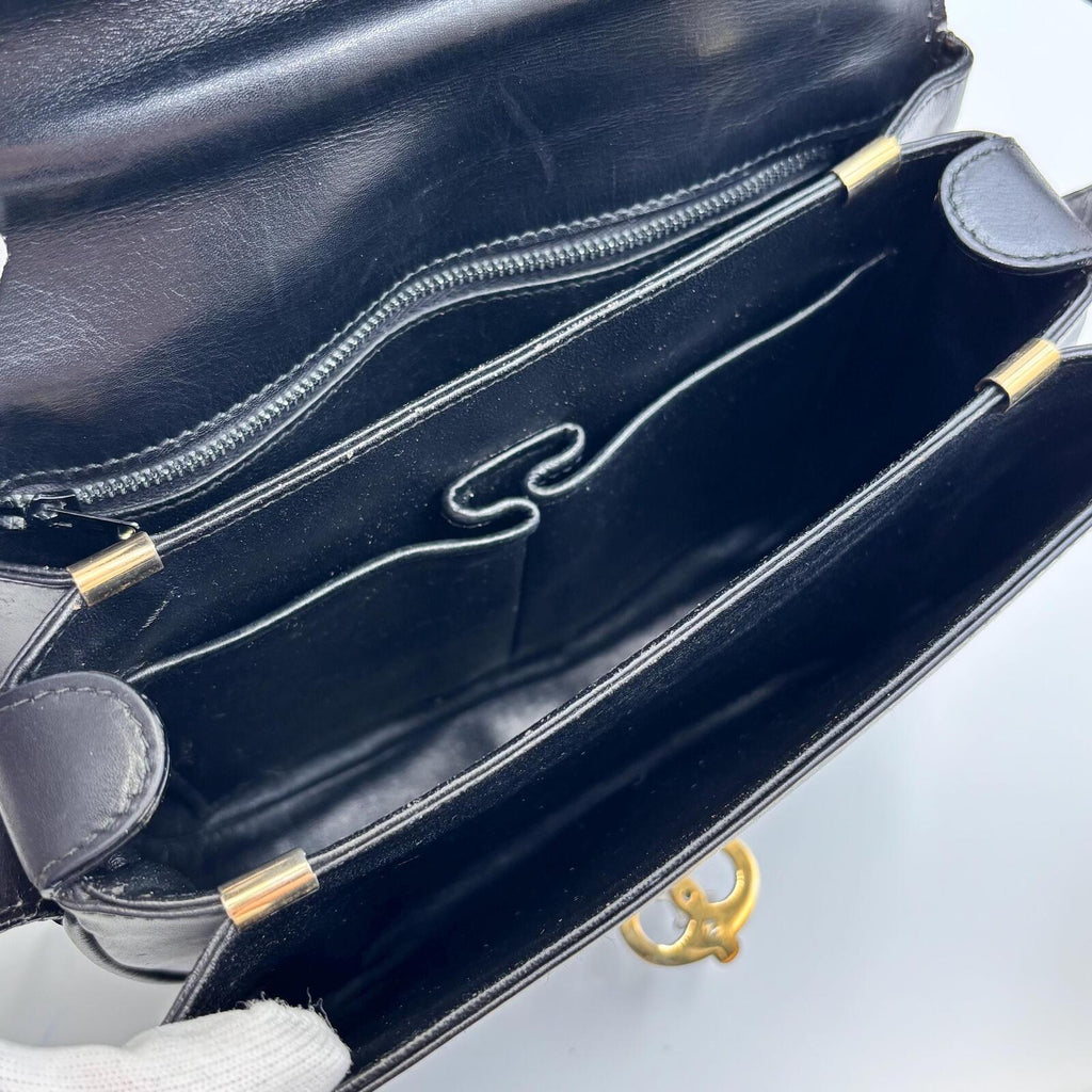 Celine Vintage Black Leather Triomphe Shoulder Bag