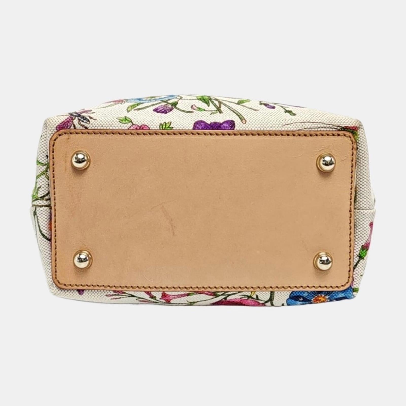 Gucci White Flora Floral Canvas Bamboo
Top Handle Mini Tote Bag