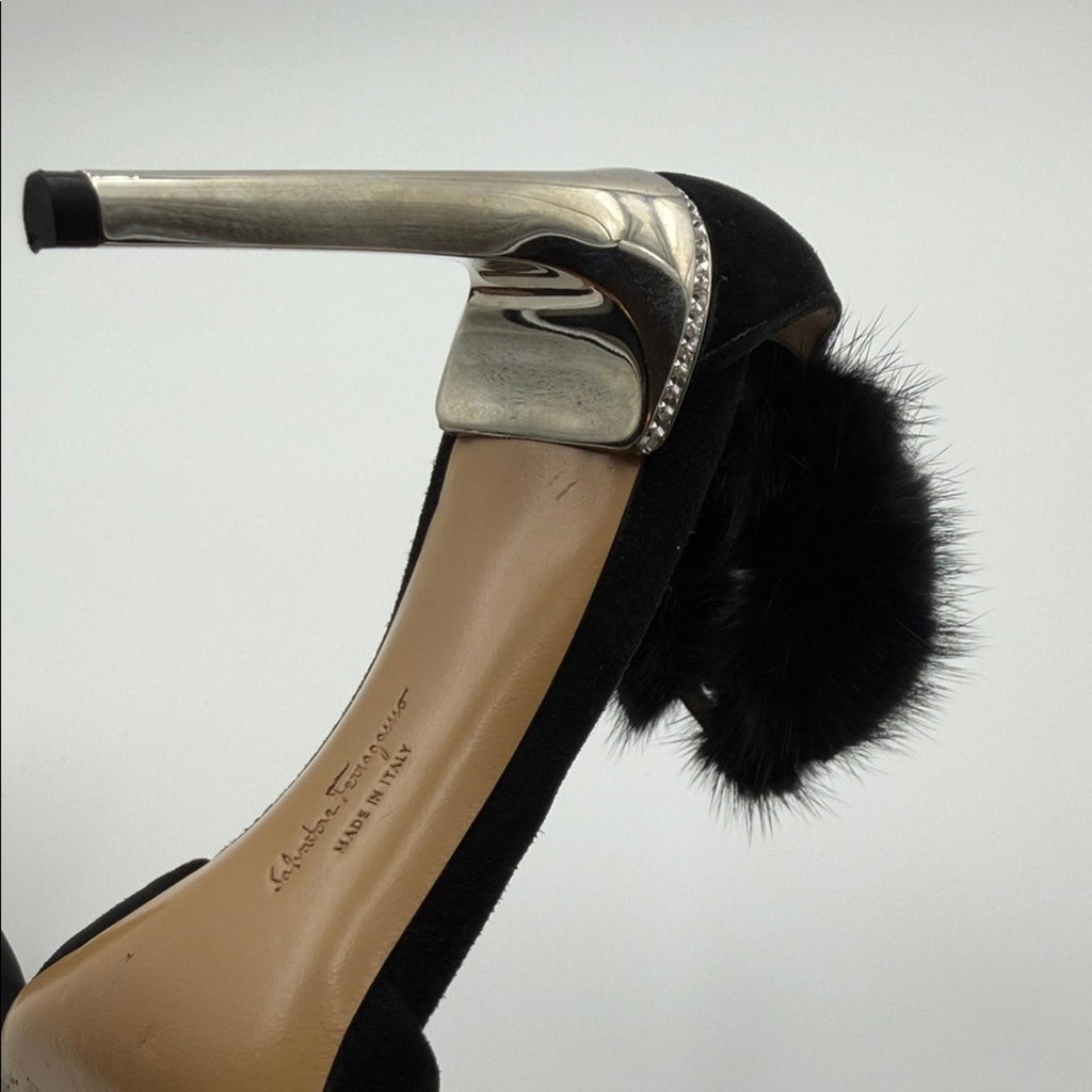 SALVATORE FERRAGAMO BLACK SUEDE & FUR ANKLE STRAP HEELS