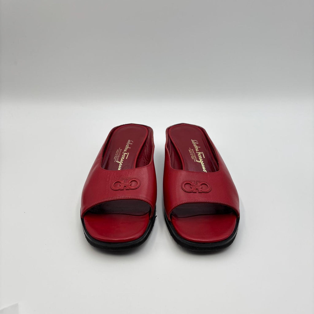 Salvatore Ferragamo Red Leather Wedge Slide Sandals – Size 37
