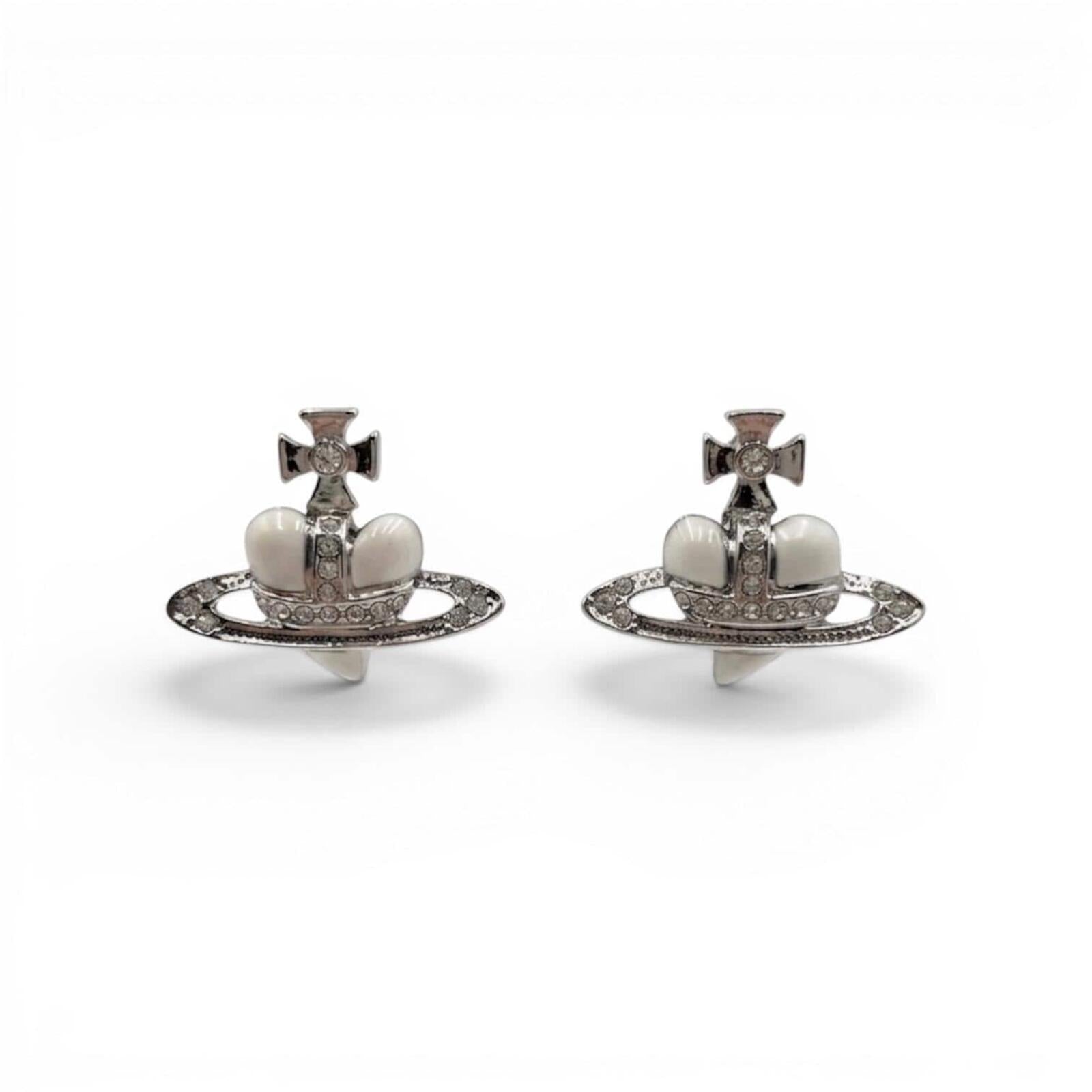Vivienne Westwood Diamante Heart Orb Crown Stud Earrings Silver Tone