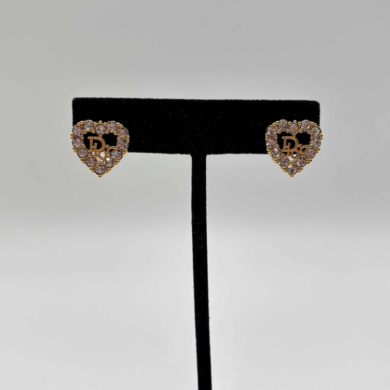 Dior Crystal Heart Logo Earrings Gold Tone CD Vintage Studs