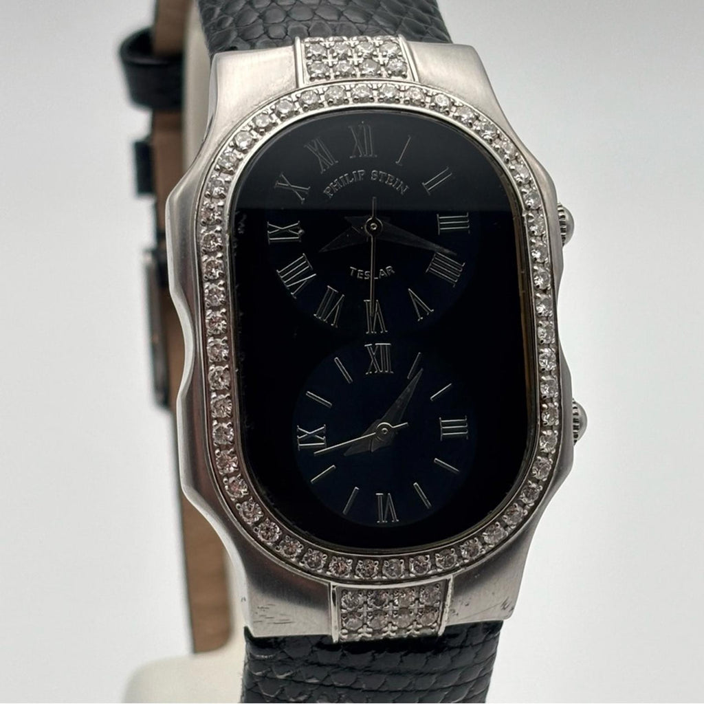 Philip Stein Teslar Dual Time Diamond Bezel Watch 45mm Lizard Strap