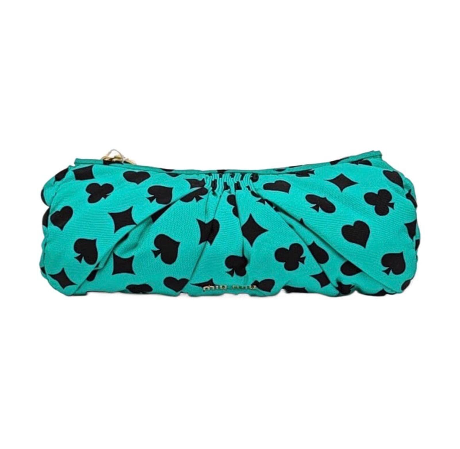 Miu Miu Green Playing Card Print Gathered Clutch Shoulder Bag