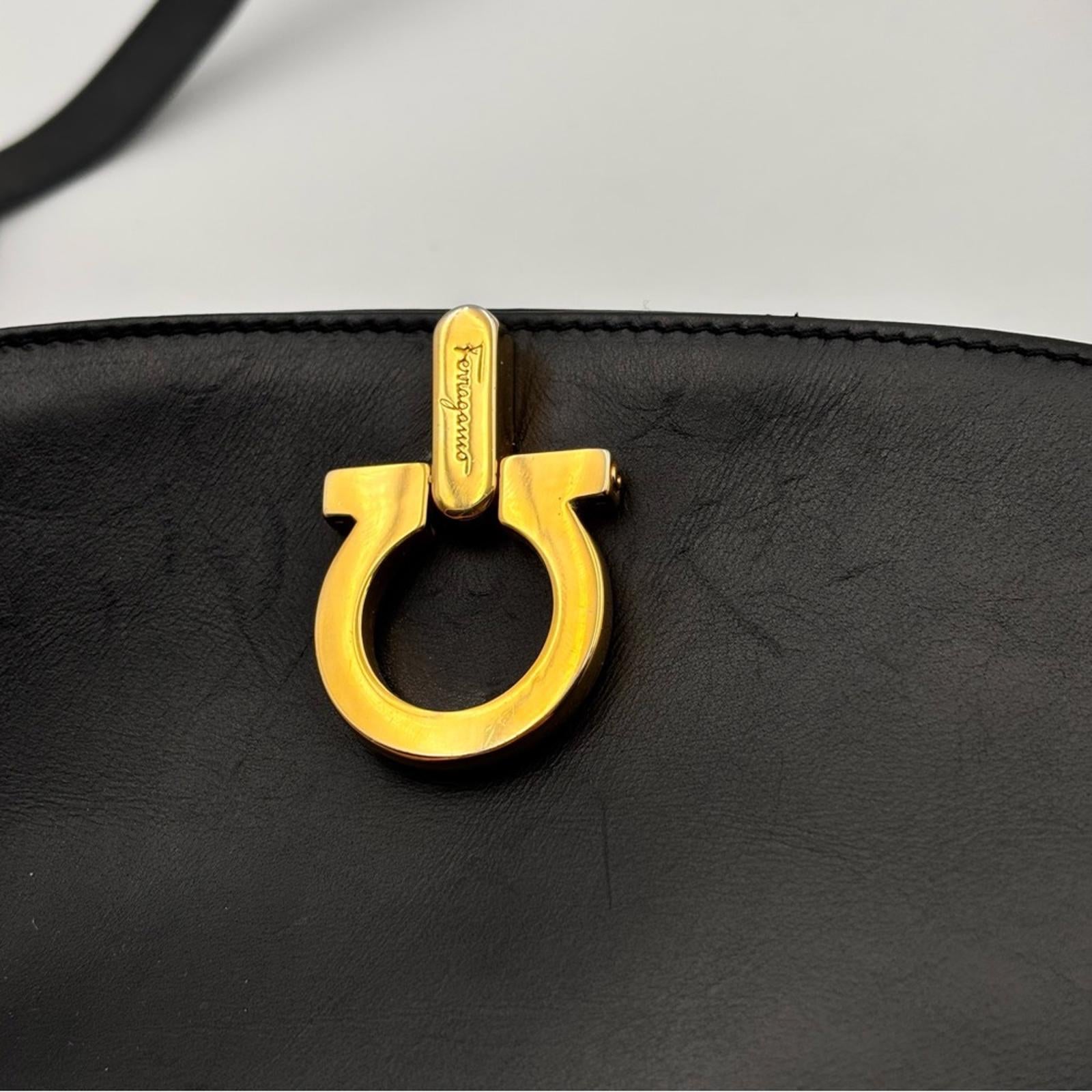 Salvatore Ferragamo Black Leather Crossbody Bag – Gold Gancini Hardware