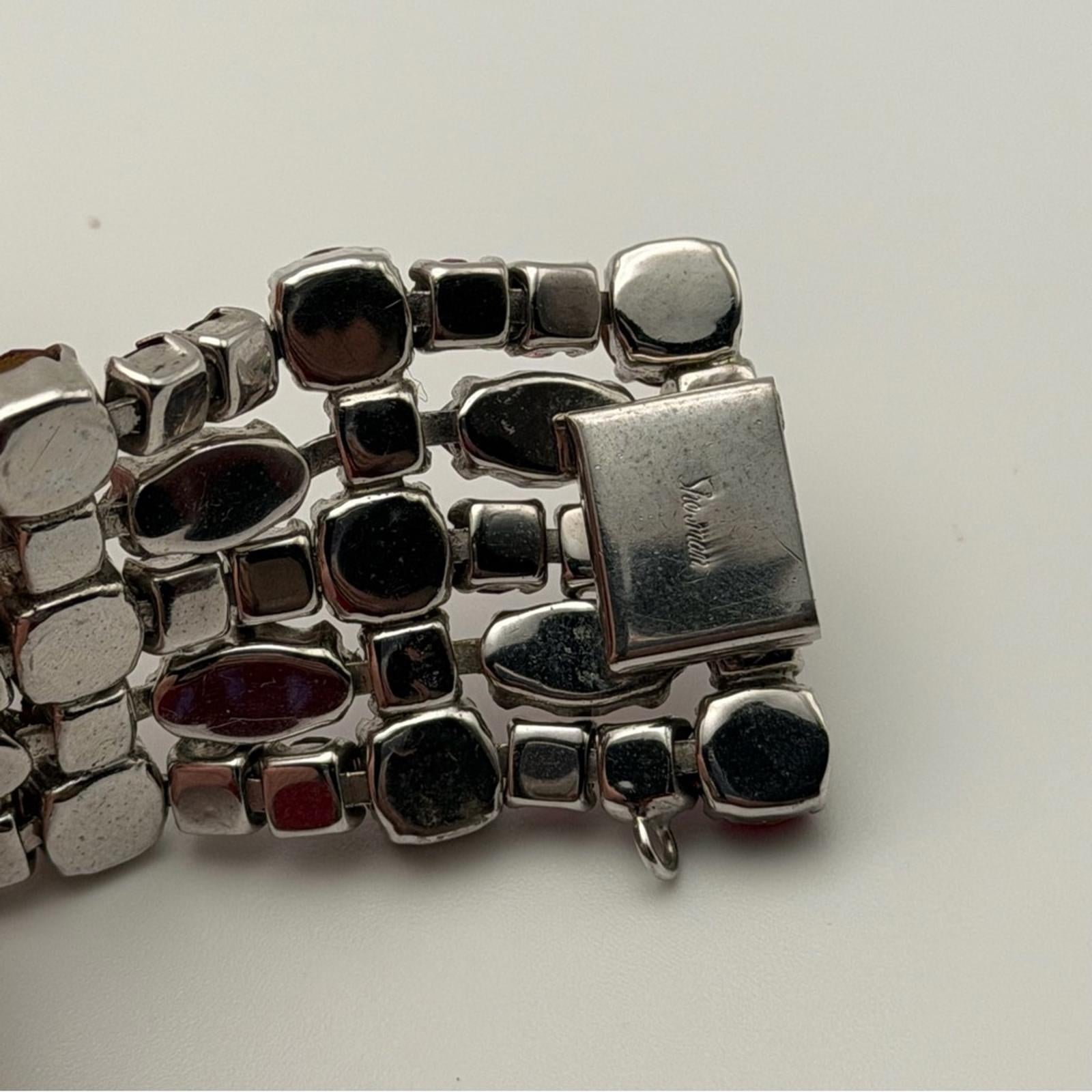 Vintage Sherman Red & Pink Aurora Borealis Rhinestone Wide Bracelet – Signed