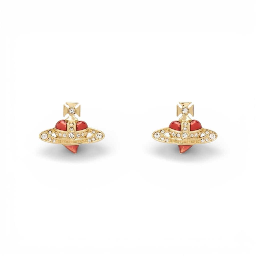 Vivienne Westwood Rare Orb Crown Red Crystal Gold-Tone Stud Earringss