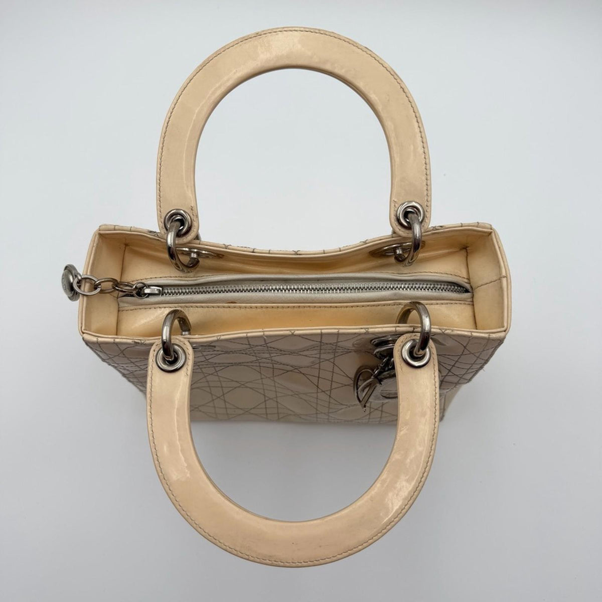 Christian Dior Lady Dior Patent Leather Bag Beige / Nude Silver Hardware