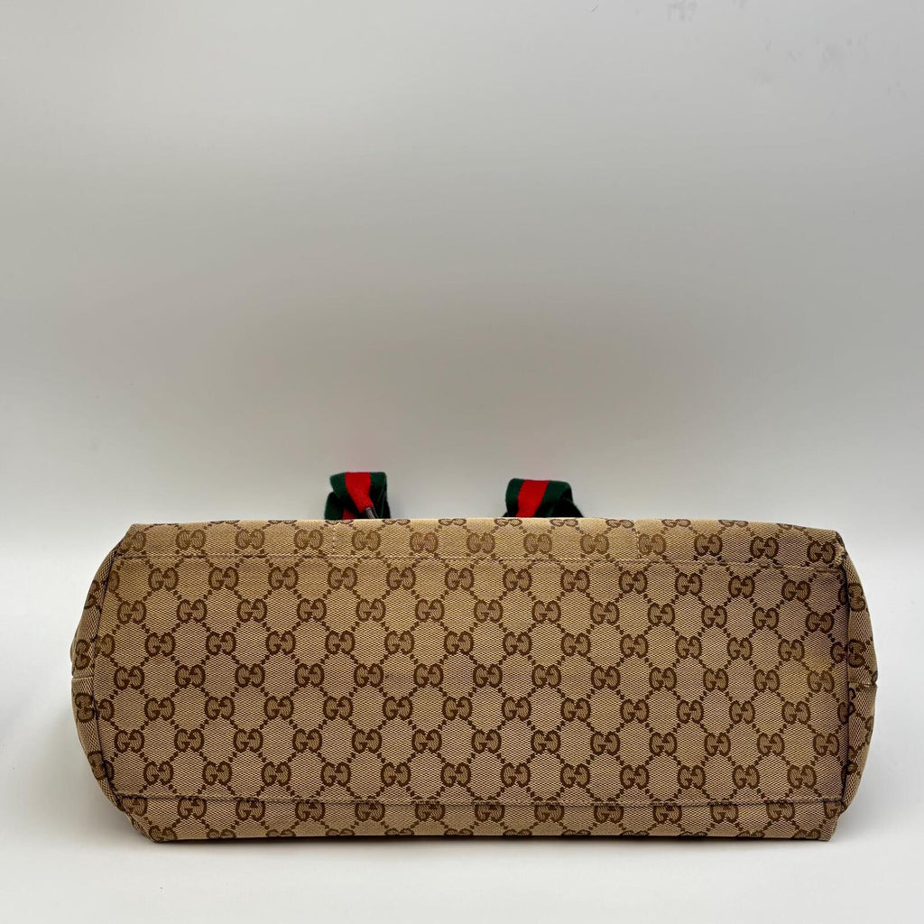 Gucci GG Canvas Web Tote Bag Brown Beige
