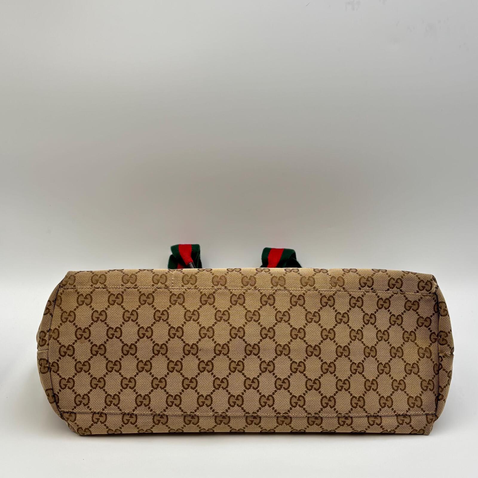 Gucci GG Canvas Web Tote Bag Brown Beige