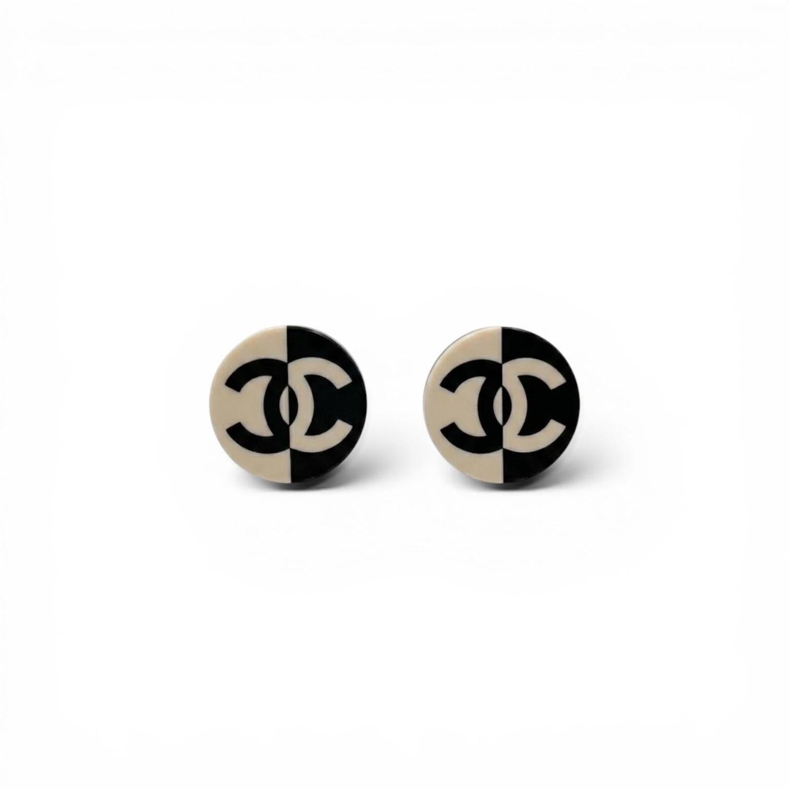 Chanel Black & White CC Logo Stud Earrings With Box Circa 2002