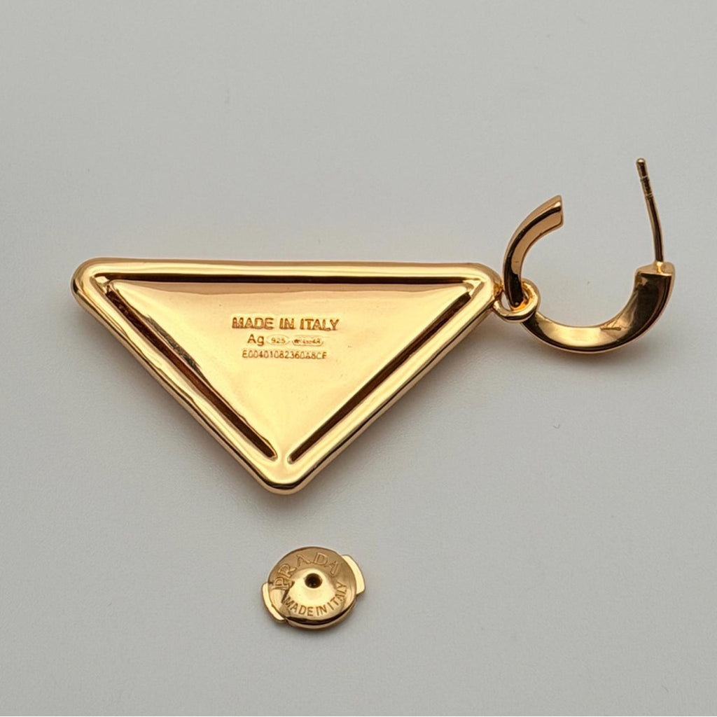 PRADA SYMBOL TRIANGLE EARRINGS 925 STERLING SILVER GOLD PLATED