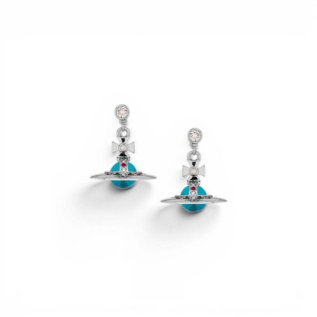 Vivienne Westwood Tiny Orb Drop Earrings Silver Tone Blue Crystal