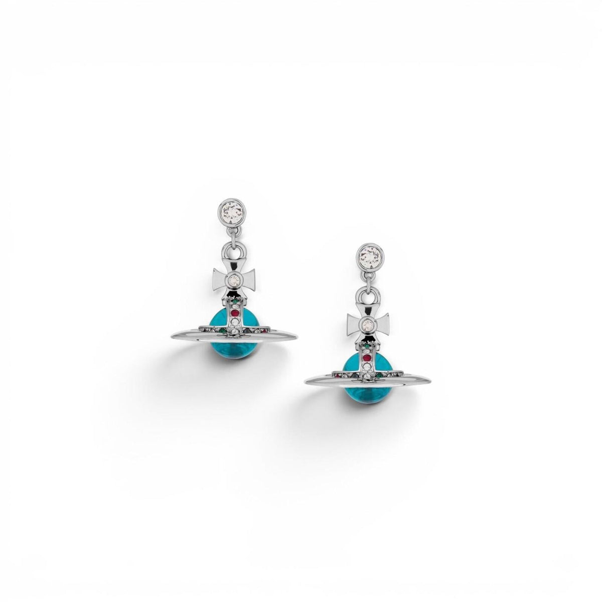 Vivienne Westwood Tiny Orb Drop Earrings Silver Tone Blue Crystal