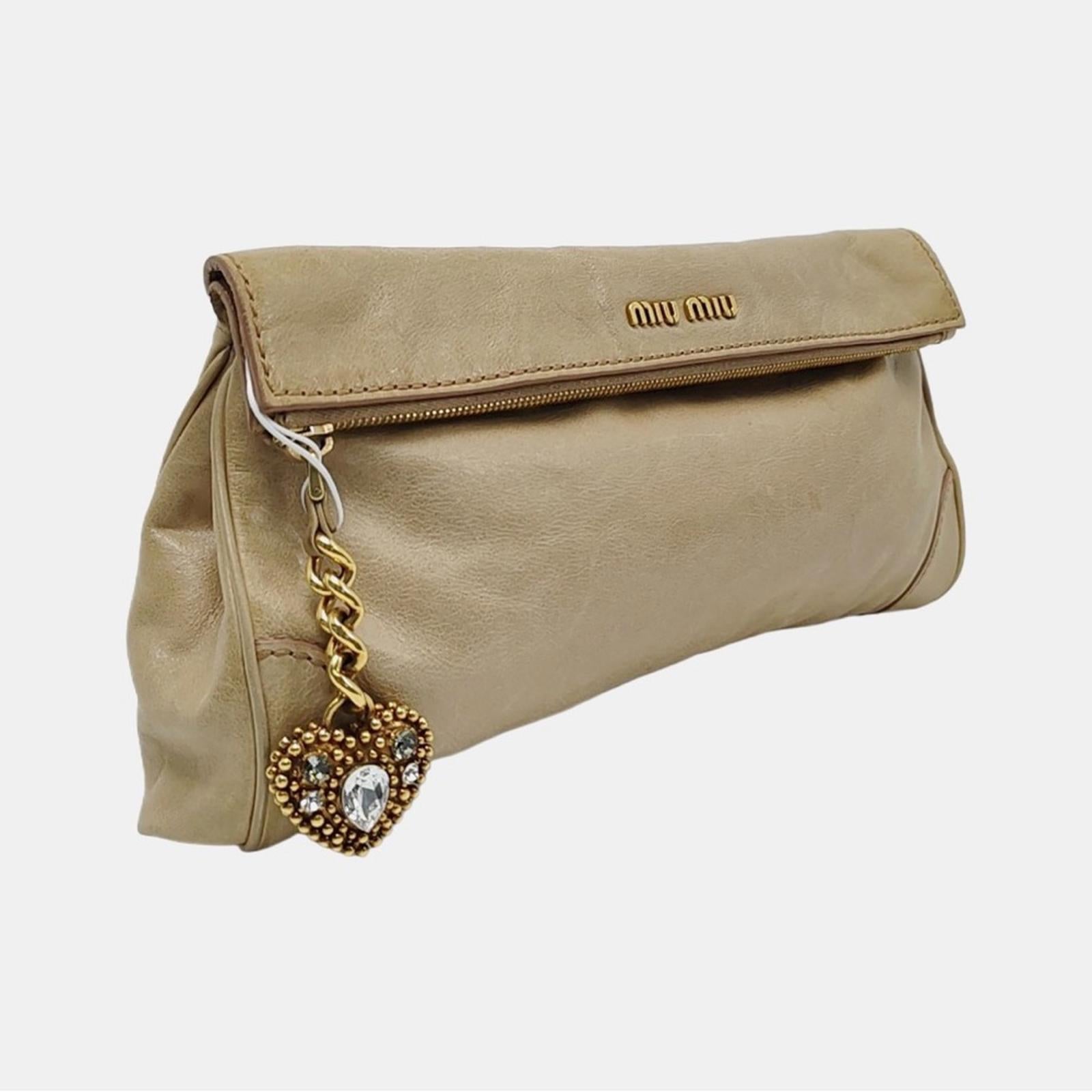 Miu Miu Beige Leather Clutch With Crystal Heart Charm