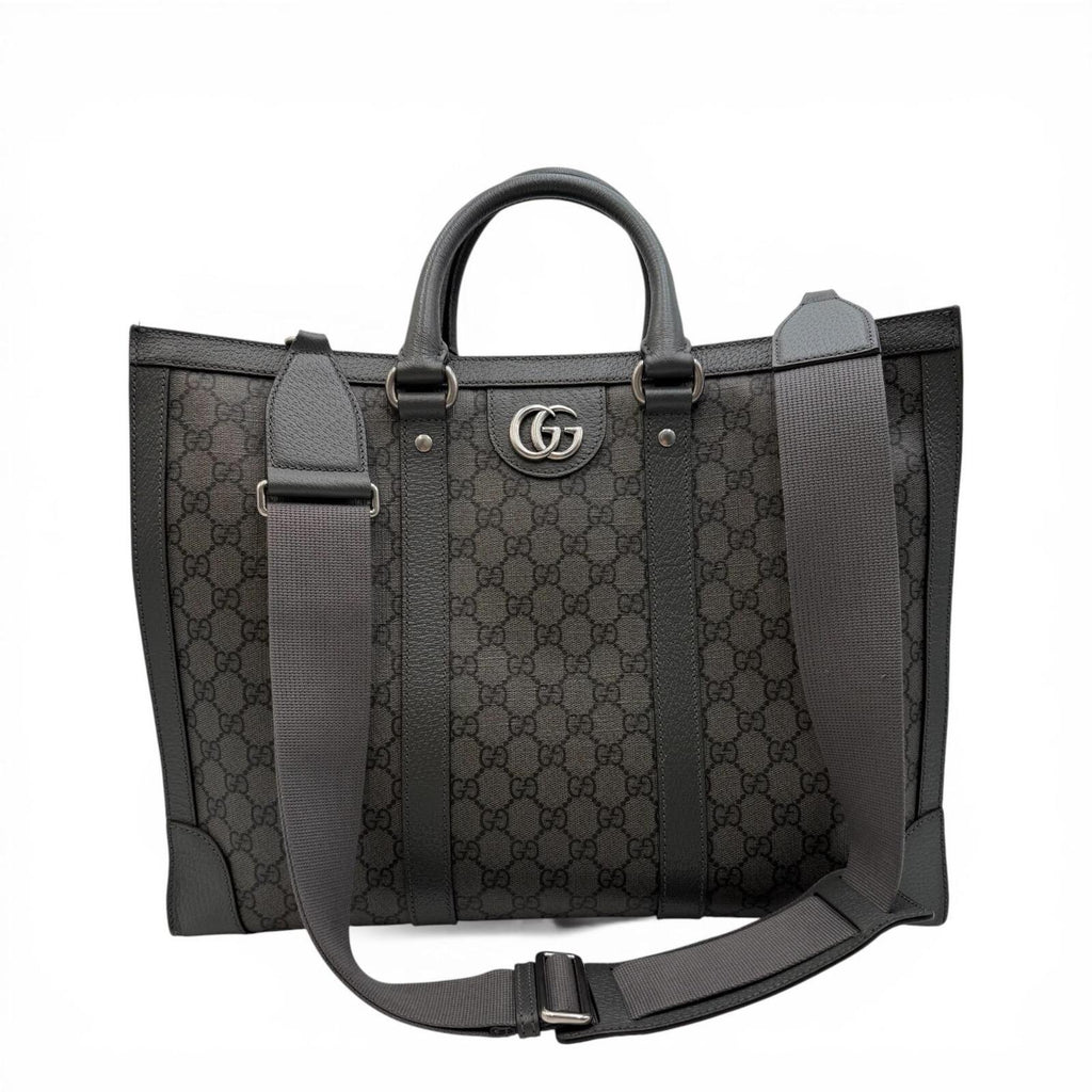 Gucci GG Supreme Monogram Tote Bag With Web Strap Gray Black