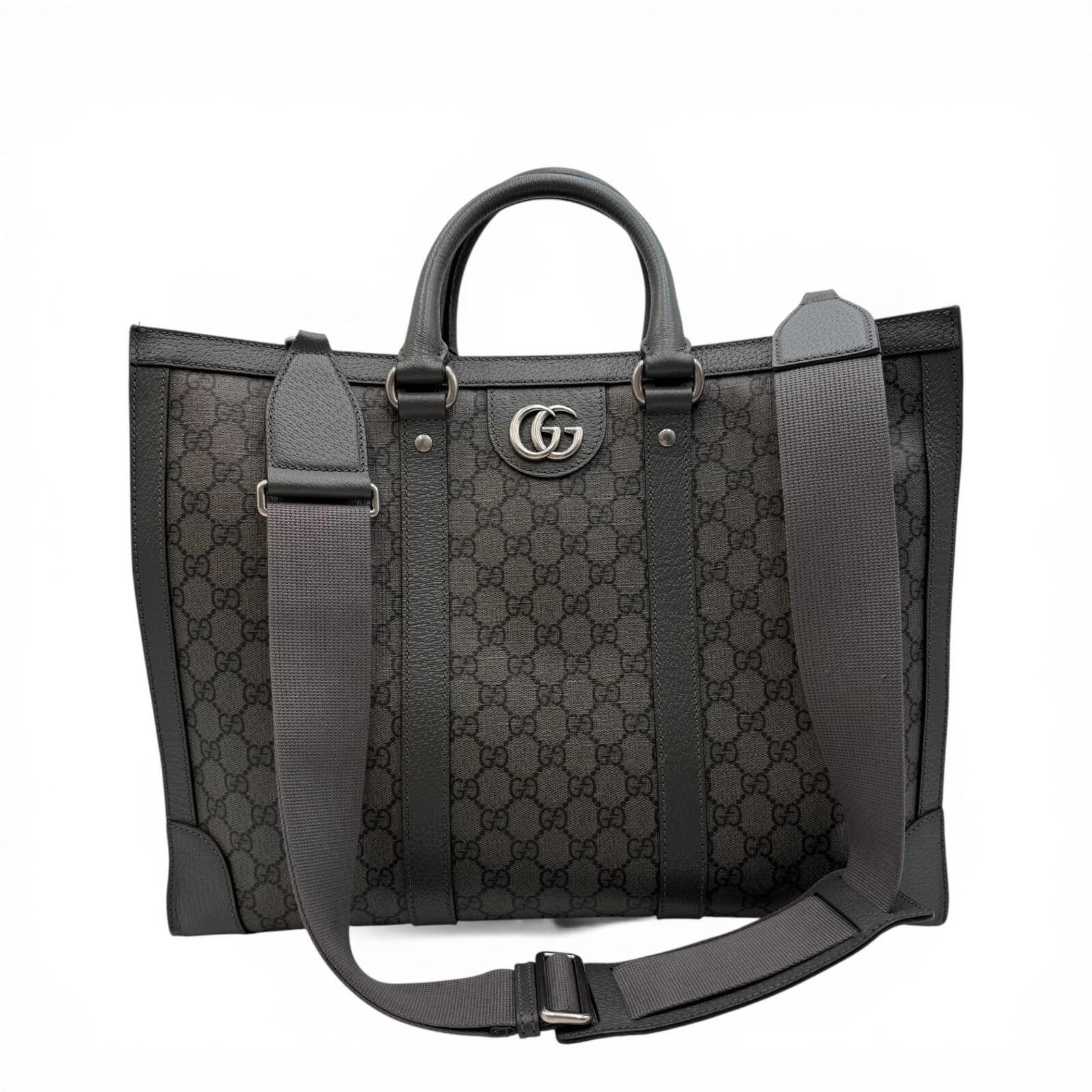 Gucci GG Supreme Monogram Tote Bag With Web Strap Gray Black