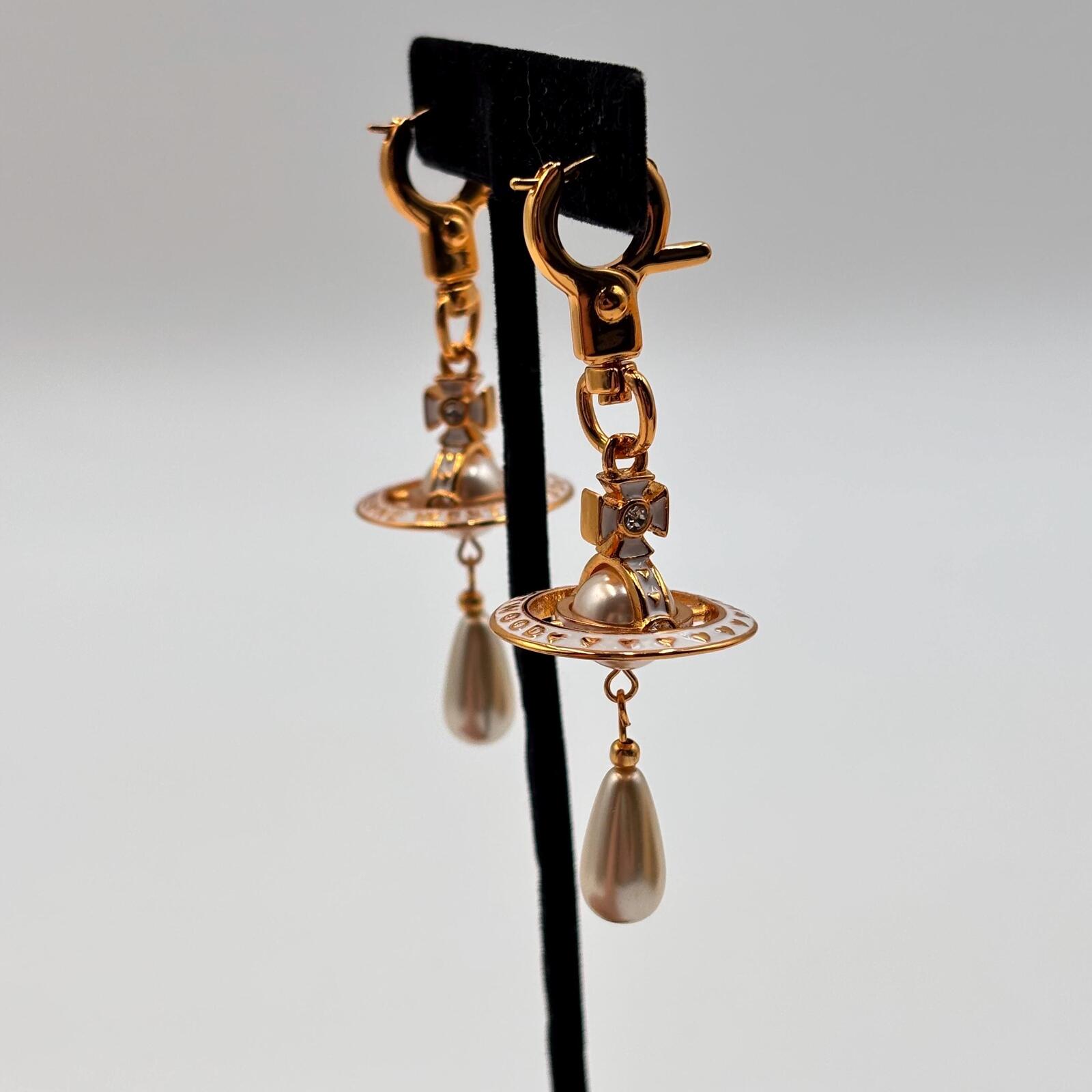 Vivienne Westwood Orb Pearl Drop Earrings Gold Tone With Box