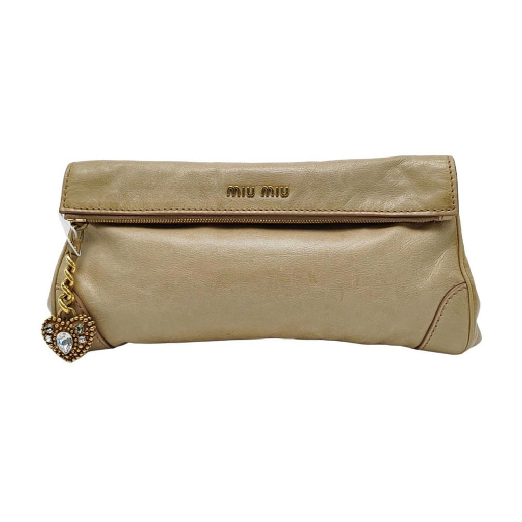 Miu Miu Beige Leather Clutch With Crystal Heart Charm