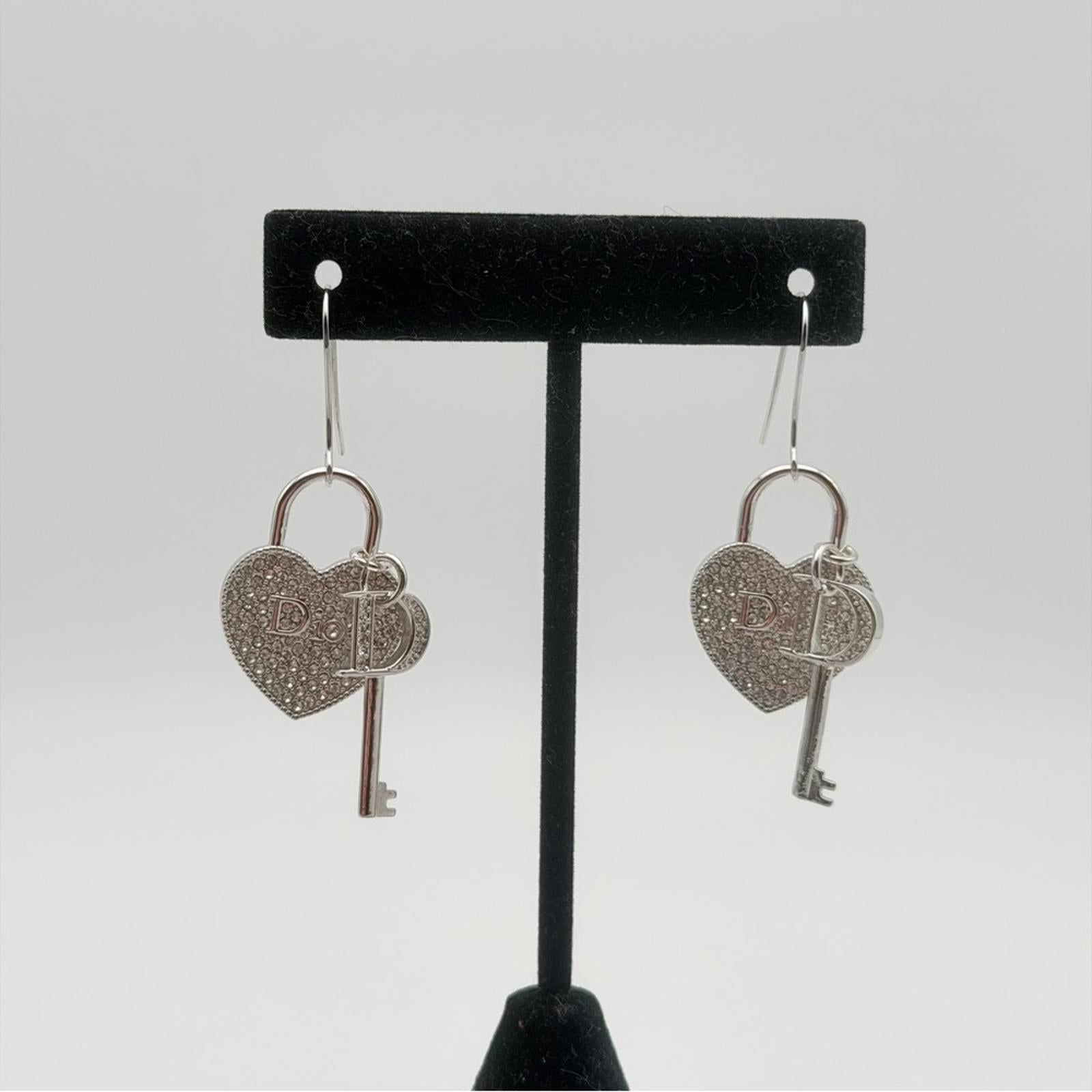 CHRISTIAN DIOR PAVÉ HEART & KEY DROP EARRINGS – SILVER TONE